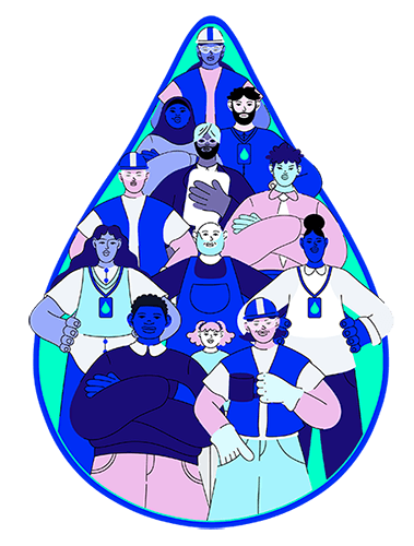 Illustration of a diverse group of people, including workers and residents, gathered together inside a water droplet symbol